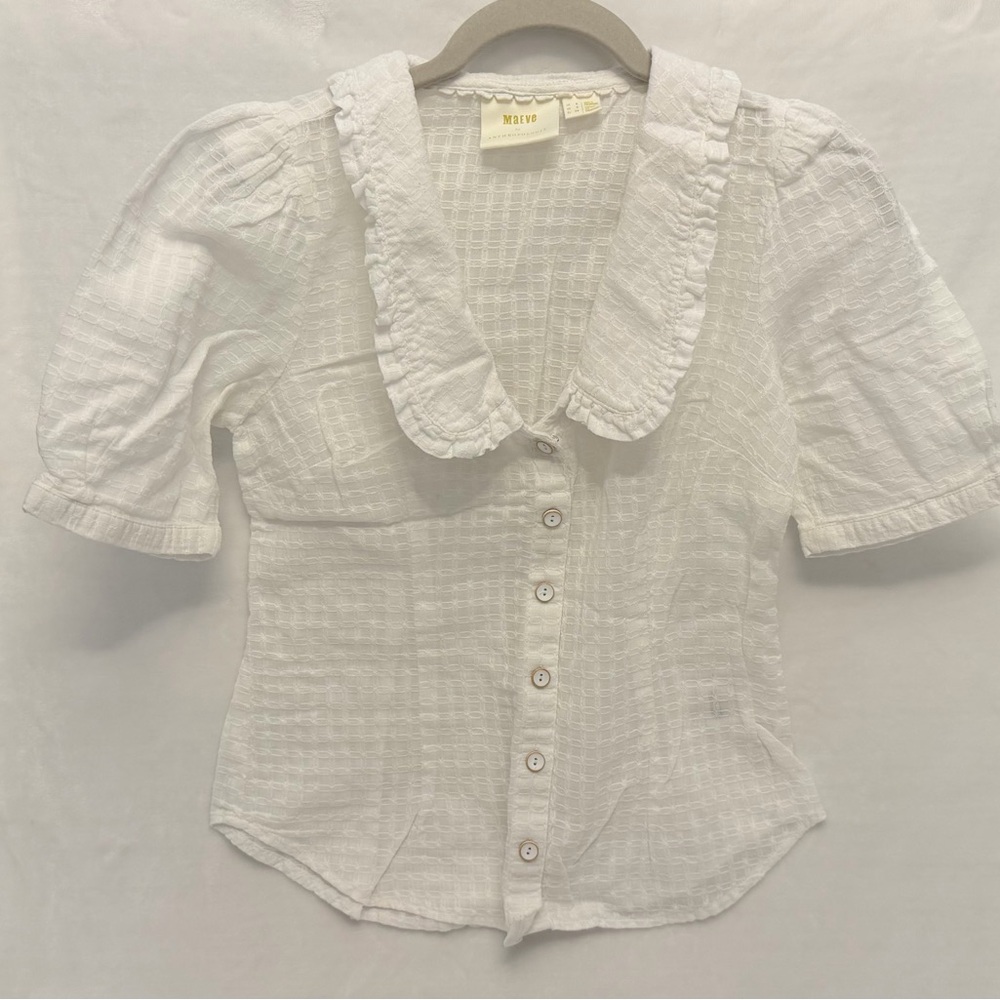 Maeve White Ruffled Collar Button-Front Top